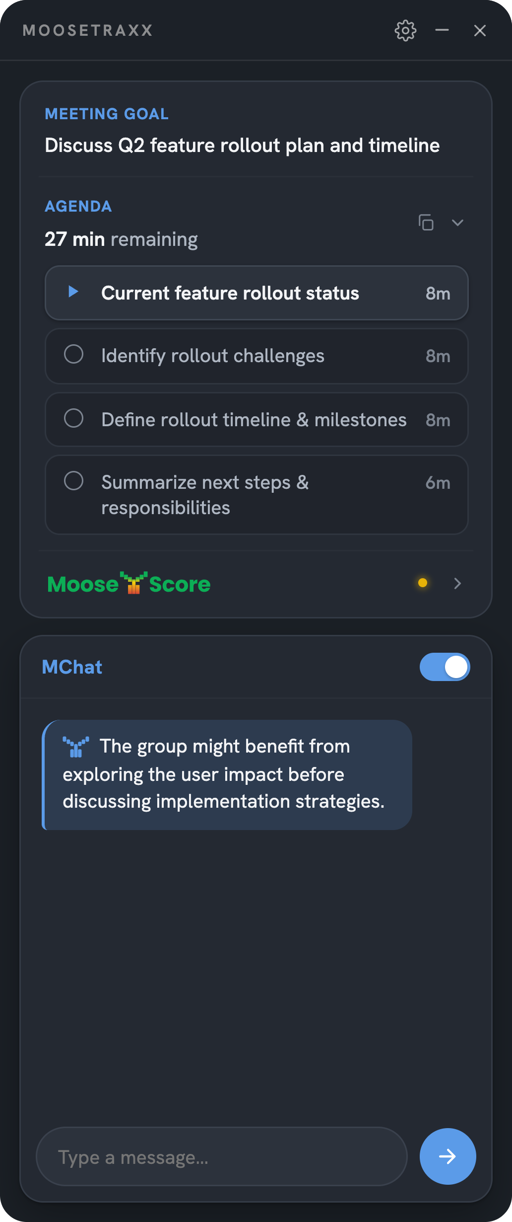 The MooseTraxx live panel: meeting goal, the open agenda with timings, MooseScore and a proactive MChat nudge